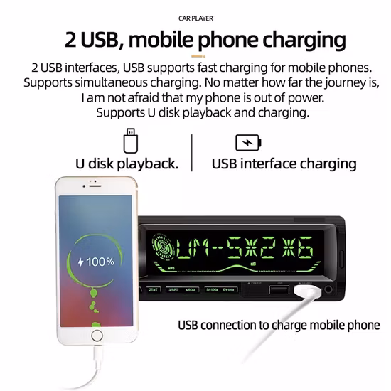 Um leitor de MP3 de áudio estéreo para carro DIN com Bluetooth dois USB
